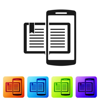 Siyah Smartphone ve kitap simgesi beyaz arka planda izole. Çevrimiçi öğrenme veya e-öğrenme konsepti. Renk kare düğmelerinde simgeyi ayarlayın. Vektör Illustration