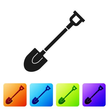 Siyah Bahçe kürek simgesi beyaz arka planda izole. Bahçe aracı. Bahçecilik, tarım, Tarım için araç. Renk kare düğmelerinde simgeyi ayarlayın. Vektör Illustration