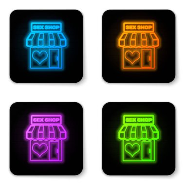 Beyaz arka planda izole çizgili tente simgesi ile parlayan Neon Sex Shop bina. Seks Dükkanı, online seks mağazası, Yetişkin Erotik ürünler kavramı. Siyah kare düğmesi. Vektör Illustration
