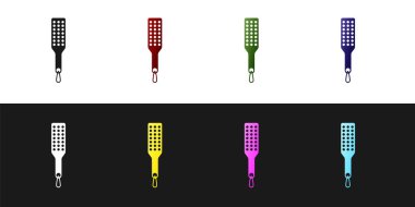 Şaplak raket simgesini siyah beyaz arkaplanda izole et. Fetiş aksesuarı. Yetişkinler için seks oyuncağı. Vektör İllüstrasyonu