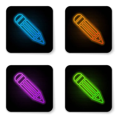 Parlak neon kalem simgesi beyaz arka planda izole edilmiştir. Eğitim işareti. Çizim ve eğitim araçları. Okul ofisi sembolü. Siyah kare düğmesi. Vektör Illustration