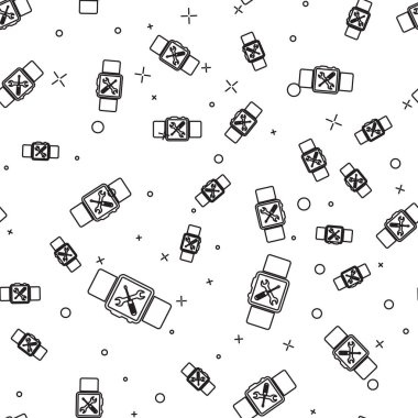 Siyah hat SmartWatch ile tornavida ve anahtar simgesi izole Dikişsiz desen beyaz arka plan üzerinde. Ayarlama, hizmet, ayarlama, bakım, onarım, sabitleme. Vektör Illustration