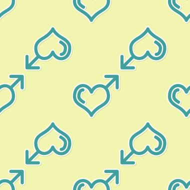 Yeşil erkek cinsiyet sembolü ve kalp simgesi sarı arka planda izole Dikişsiz desen. Vektör Illustration