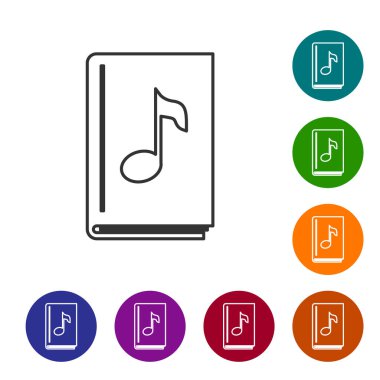 Gri çizgi sesli kitap simgesi beyaz arka planda yalıtılmış. Kitap ile müzik notu. Ses kılavuzu işareti. Online öğrenme konsepti. Renk daire düğmelerinde simgeyi ayarlayın. Vektör Illustration