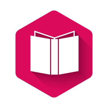 Beyaz açık kitap simgesi uzun gölge ile yalıtılmış. Pembe altıgen düğmesi. Vektör Illustration