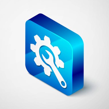 Beyaz arka planda yalıtılmış izometrik anahtar ve dişli simgesi. Ayarlama, hizmet, ayarlama, bakım, onarım, sabitleme. Mavi kare düğmesi. Vektör Illustration