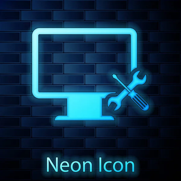 Monitor de computador neon brilhante com chave de fenda e ícone chave isolada no fundo da parede de tijolo. Ajuste, serviço, configuração, manutenção, reparação, fixação. Ilustração vetorial — Vetor de Stock