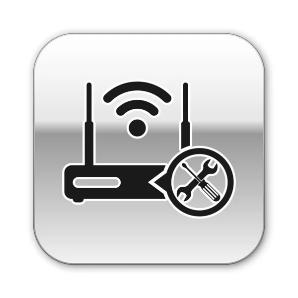 Czarny router Wi-Fi z śrubokrętem i ikoną klucza na białym tle. Regulacja, serwis, ustawienie, konserwacja, naprawa, mocowanie. Srebrny kwadrat przycisk. Ilustracja wektorowa — Wektor stockowy