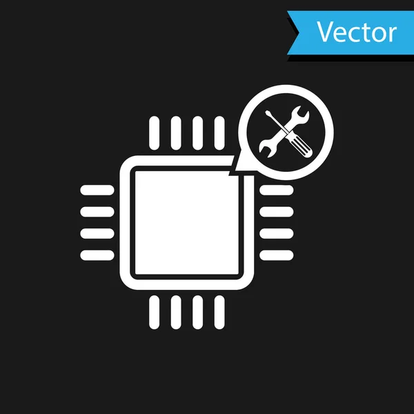 Processador branco com chave de fenda e ícone de chave de fenda isolado no fundo preto. Ajuste, serviço, configuração, manutenção, reparação, fixação. Ilustração vetorial — Vetor de Stock