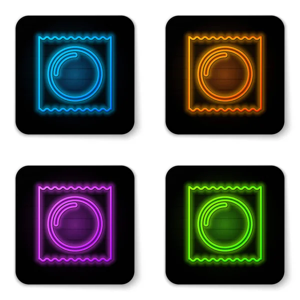 Glowing neon Condom in package safe sex icon isolated on white background. Safe love symbol. Contraceptive method for male. Black square button. Vector Illustration — Stock Vector