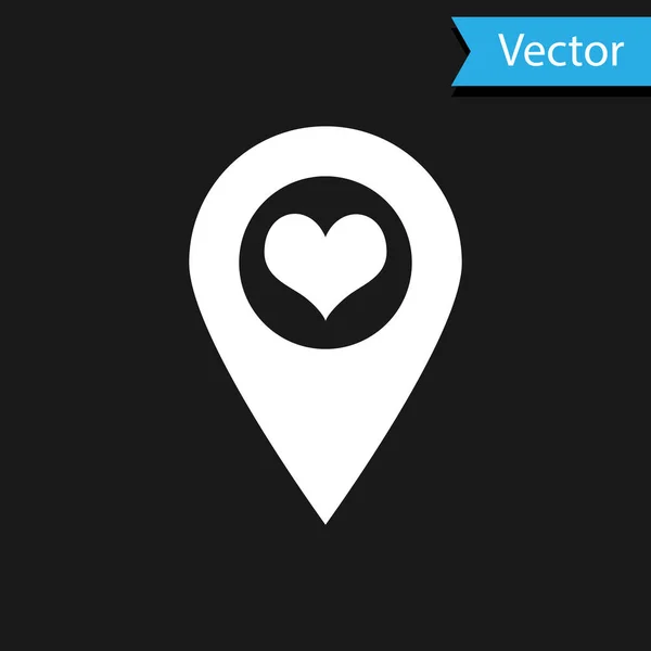 Ponteiro de mapa branco com ícone de coração isolado no fundo preto. Ilustração vetorial — Vetor de Stock