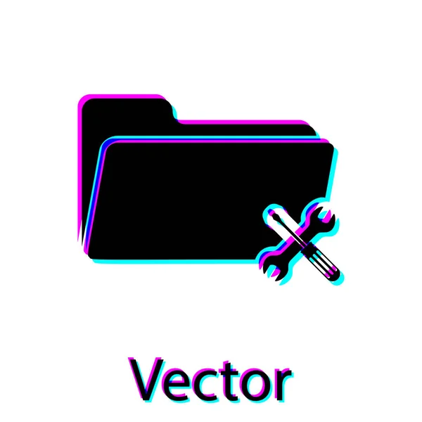 Carpeta negra con destornillador e icono de llave inglesa aislado sobre fondo blanco. Ajuste, servicio, ajuste, mantenimiento, reparación, fijación. Ilustración vectorial — Vector de stock