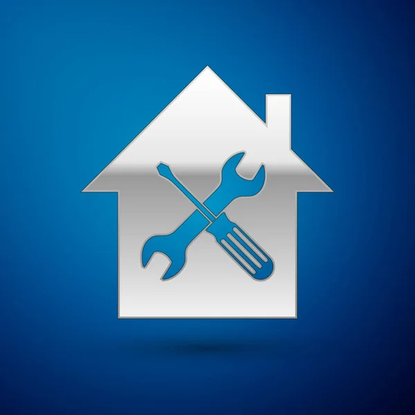 Silver House or home with screwdriver and wrench icon isolated on blue background. Adjusting, service, setting, maintenance, repair, fixing. Vector Illustration — Stock Vector