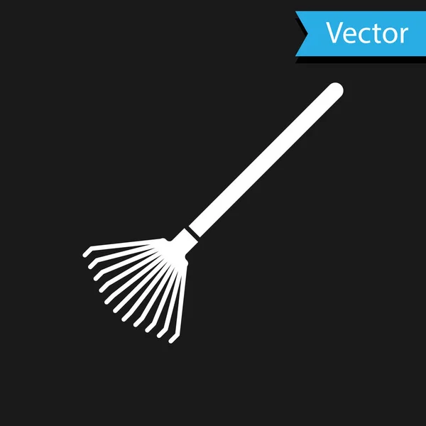 Râteau de jardin blanc pour l'icône de feuilles isolées sur fond noir. Outil pour l'horticulture, l'agriculture, l'agriculture. Cultivateur au sol. Illustration vectorielle — Image vectorielle