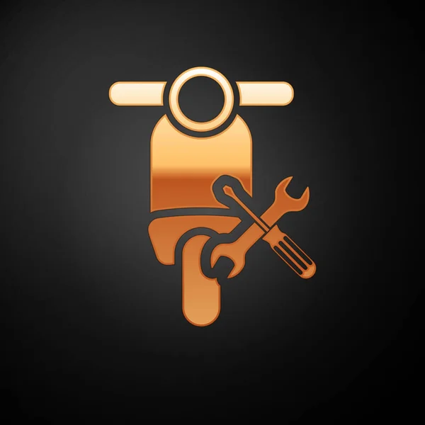 Золотий скутер з викруткою та значком ключа ізольовані на чорному тлі. Налаштування, обслуговування, налаштування, обслуговування, ремонт, виправлення. Векторна ілюстрація — стоковий вектор