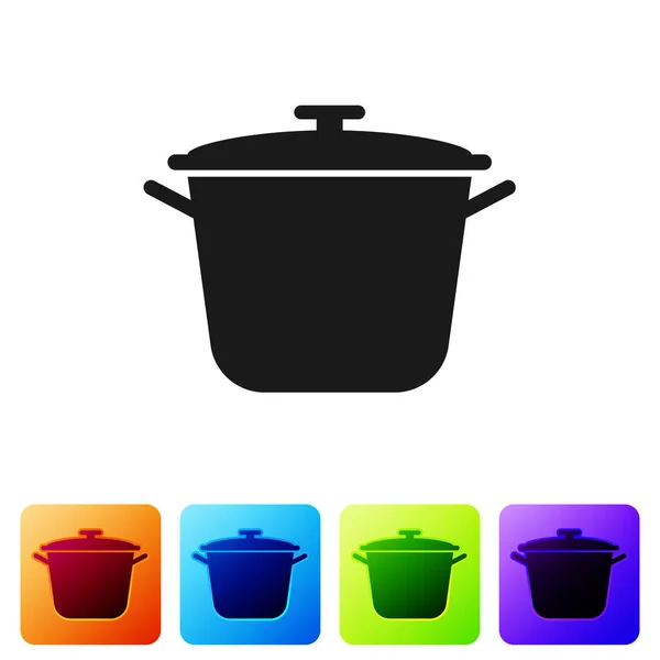 Schwarzes Kochtopfsymbol auf weißem Hintergrund. Essen kochen oder schmoren. setzen Sie das Symbol in quadratischen Schaltflächen. Vektorillustration — Stockvektor