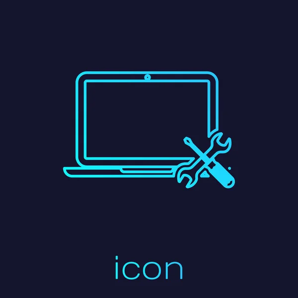 Laptop linea turchese con cacciavite e chiave a icona isolato su sfondo blu. Regolazione, assistenza, regolazione, manutenzione, riparazione, fissaggio. Illustrazione vettoriale — Vettoriale Stock