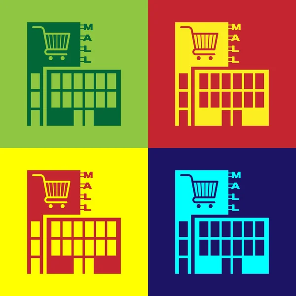 Bâtiment de centre commercial ou supermarché de couleur avec icône de panier isolé sur fond de couleur. Magasin ou magasin. Illustration vectorielle — Image vectorielle