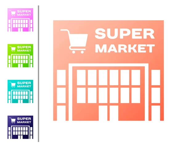 Coral Supermarket building with shopping cart icon isolated on white background. Shop or store. Mall building. Set color icons. Vector Illustration