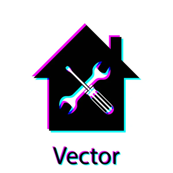 Casa Negra o casa con destornillador e icono de llave inglesa aislado sobre fondo blanco. Ajuste, servicio, ajuste, mantenimiento, reparación, fijación. Ilustración vectorial — Vector de stock