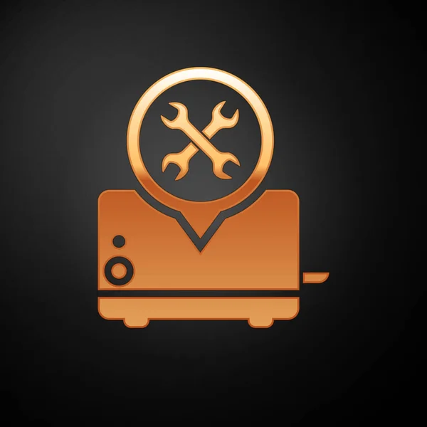 Goldener Toaster mit Schraubenzieher und Schraubenschlüssel-Symbol isoliert auf schwarzem Hintergrund. Anpassung, Service, Einstellung, Wartung, Reparatur, Reparatur. Vektorillustration — Stockvektor