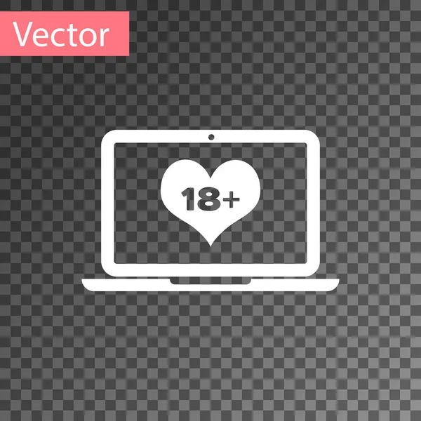 Biały laptop z 18 Plus zawartość ikony serca izolowane na przezroczystym tle. Symbol ograniczenia wieku. 18 plus znak treści. Kanał dla dorosłych. Ilustracja wektorowa — Wektor stockowy
