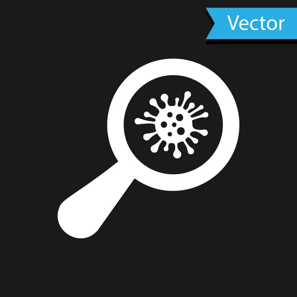Microrganismi bianchi sotto l'icona della lente d'ingrandimento isolati su sfondo nero. Batteri e germi, cancro alle cellule, microbo, virus, funghi. Illustrazione vettoriale — Vettoriale Stock