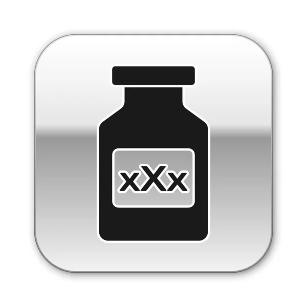 Черная бутылка медицины с таблетками для потенции, афродизиак значок изолирован на белом фоне. Секс таблетки для мужчин и женщин. Серебряная кнопка. Векторная миграция — стоковый вектор
