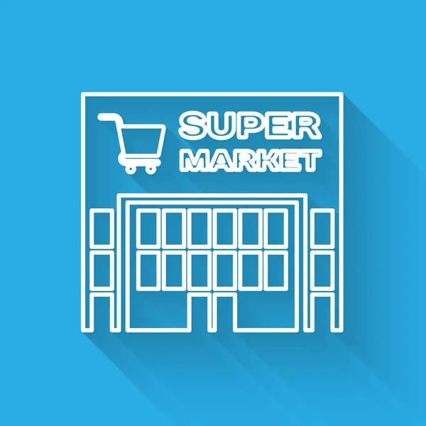 Witte lijn supermarkt gebouw met winkelwagentje icoon geïsoleerd met lange schaduw. Winkel of winkel. Mall Building. Vector illustratie — Stockvector