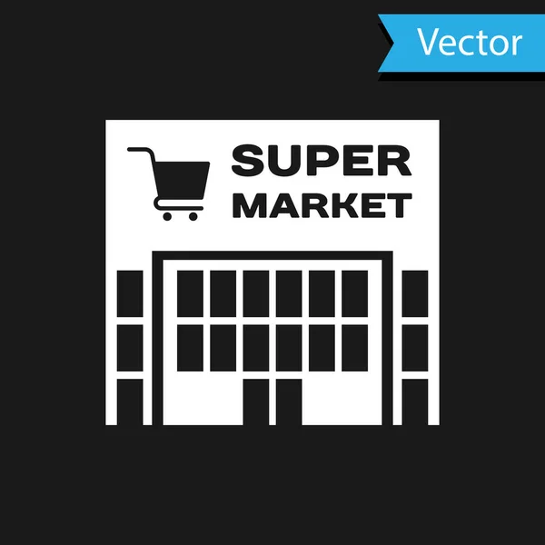 黒い背景に隔離されたショッピングカートのアイコンを持つ白いスーパーマーケットの建物。買い物や店。モールビルベクトルイラストレーション — ストックベクタ