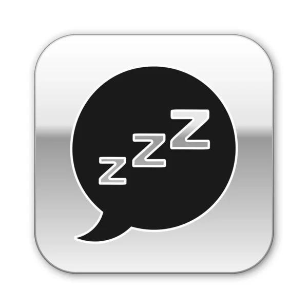 Schwarze Sprechblase mit Schnarchsymbol isoliert auf weißem Hintergrund. Schlaflosigkeit, Wecker-App, Tiefschlaf, Aufwachen. Silberner quadratischer Knopf. Vektorillustration — Stockvektor