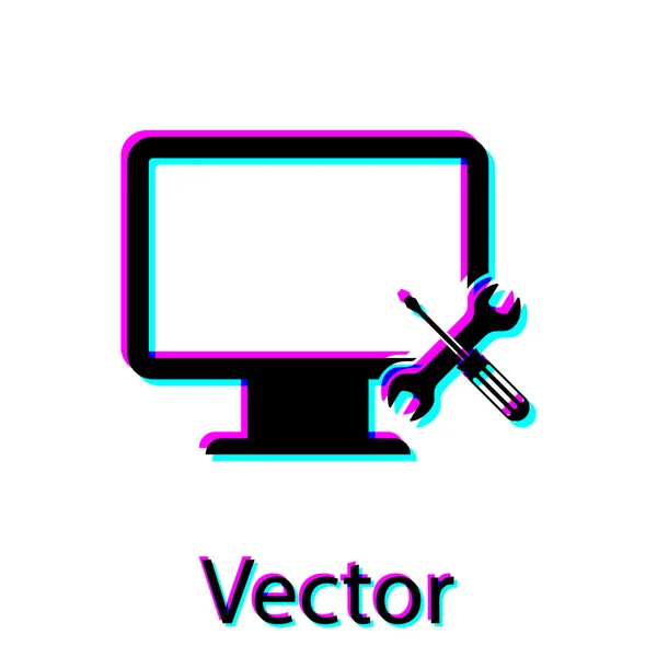 Monitor de computador preto com chave de fenda e ícone de chave de fenda isolado no fundo branco. Ajuste, serviço, configuração, manutenção, reparação, fixação. Ilustração vetorial — Vetor de Stock