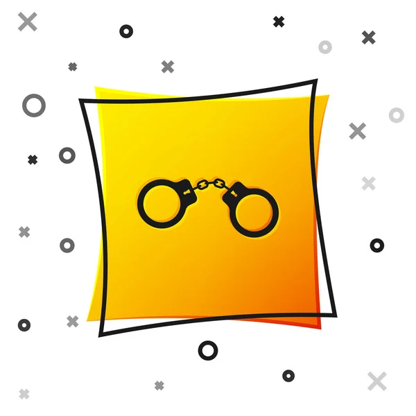 Black Handcuffs icon isolated on white background. Yellow square button. Vector Illustration — Stock Vector