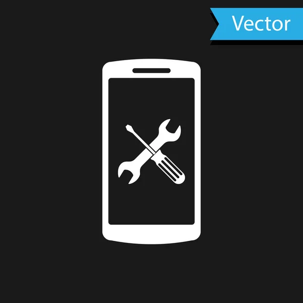 Weißes Smartphone mit Schraubenzieher und Schraubenschlüssel-Symbol isoliert auf schwarzem Hintergrund. Anpassung, Service, Einstellung, Wartung, Reparatur, Reparatur. Vektorillustration — Stockvektor