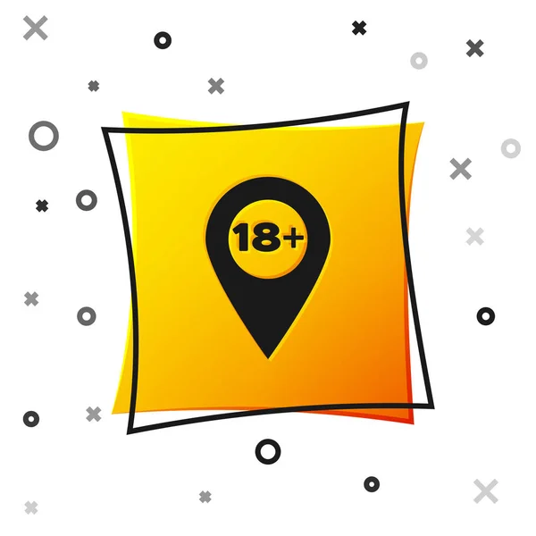 Puntero Mapa Negro con icono 18 plus aislado sobre fondo blanco. Símbolo de restricción. 18 más signo de contenido. Icono solo contenido para adultos. Botón cuadrado amarillo. Ilustración vectorial — Vector de stock