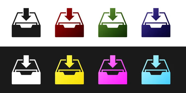 Set Descargar icono de bandeja de entrada aislado sobre fondo blanco y negro. Añadir al archivo. Ilustración vectorial — Vector de stock