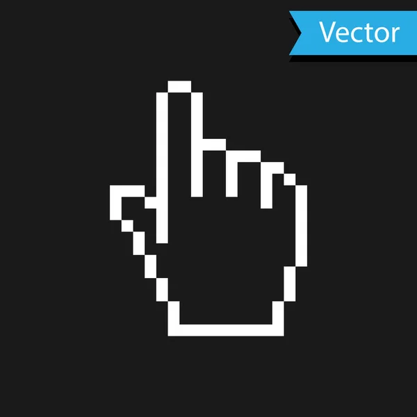 Icona del cursore a mano Pixel bianco isolata su sfondo nero. Cursore lancetta puntatore. Illustrazione vettoriale — Vettoriale Stock
