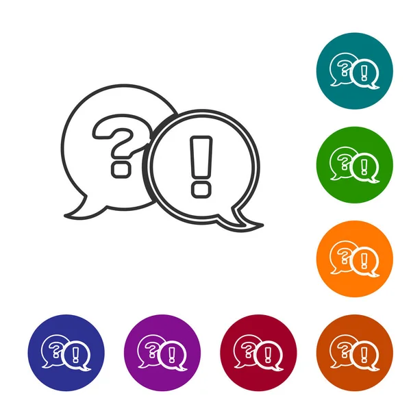 Grey line Speech bubbles with Question and Exclamation icon isolated on white background. FAQ sign. Copy files, chat speech bubble and chart. Set icon in color circle buttons. Vector Illustration — Stock Vector