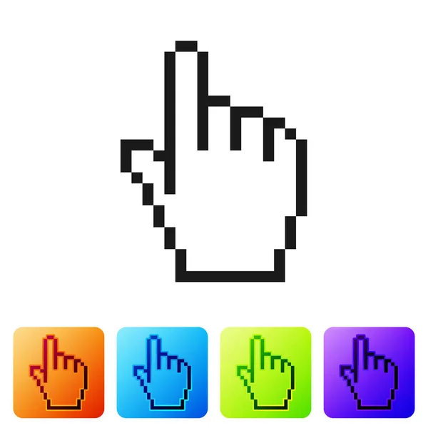 Icône du curseur main Pixel noir isolé sur fond blanc. Curseur pointeur main. Définir l'icône dans les boutons carrés de couleur. Illustration vectorielle — Image vectorielle