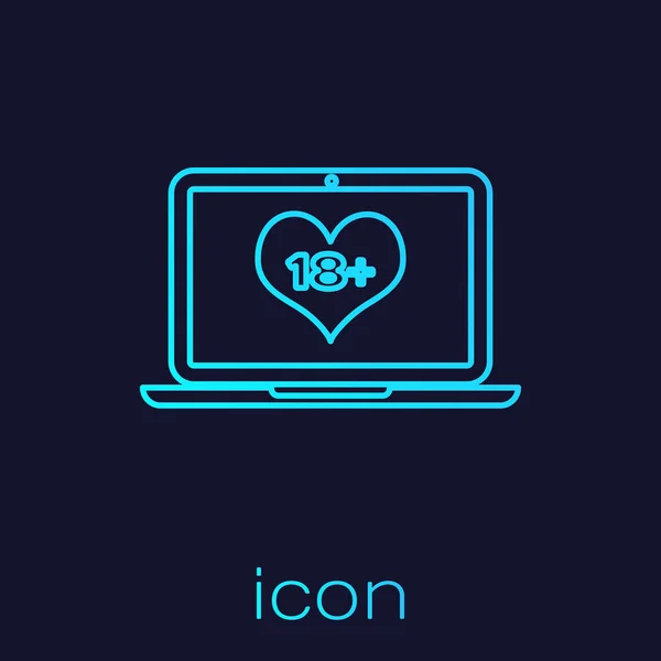 Turkusowa linia laptop z 18 Plus zawartość ikony serca izolowane na niebieskim tle. Symbol ograniczenia wieku. 18 plus znak treści. Kanał dla dorosłych. Ilustracja wektorowa — Wektor stockowy
