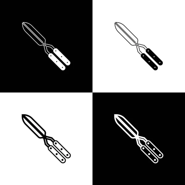 Conjunto Jardinagem tesoura artesanal para aparar ícone isolado no fundo preto e branco. Tesouras de podar com cabos de madeira. Ilustração vetorial — Vetor de Stock