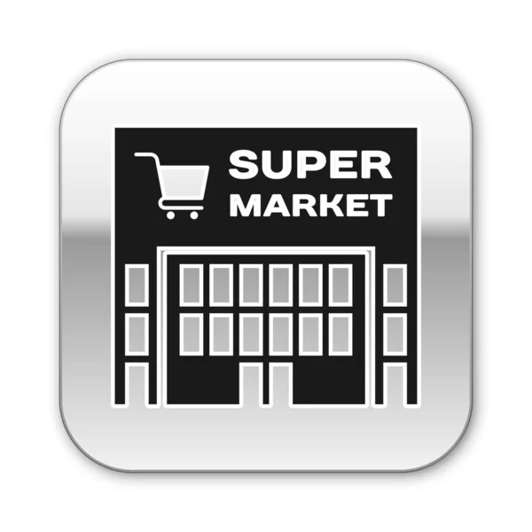 白い背景に隔離されたショッピングカートのアイコンを持つ黒いスーパーマーケットの建物。買い物や店。モールビルシルバーの正方形のボタン。ベクトルイラストレーション — ストックベクタ