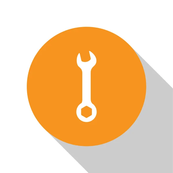 Ícone de chave branca isolado no fundo branco. ferramenta de reparo Spanner. Símbolo da ferramenta de serviço. Botão laranja círculo. Ilustração vetorial — Vetor de Stock