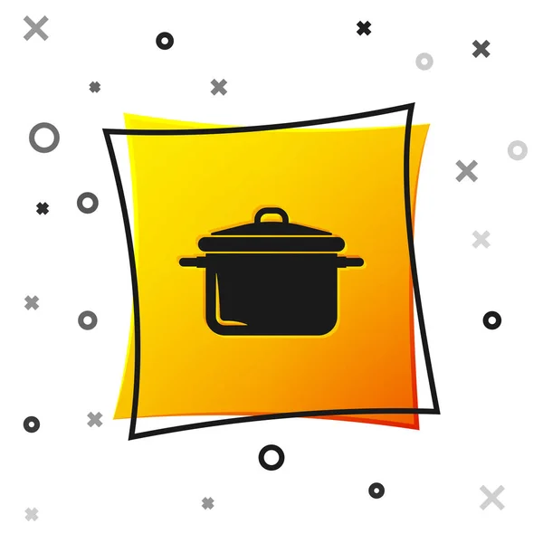 Icono de olla de cocina negra aislado sobre fondo blanco. Hervir o guisar el símbolo de la comida. Botón cuadrado amarillo. Ilustración vectorial — Vector de stock