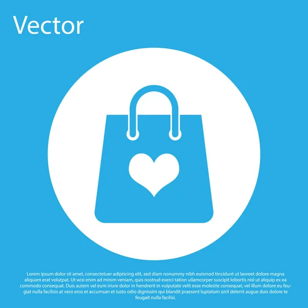 Голубая сумка для покупок со значком сердца на синем фоне. Магазин сумок любит как икону сердца. Символ Дня Святого Валентина. Кнопка белого круга. Векторная миграция — стоковый вектор