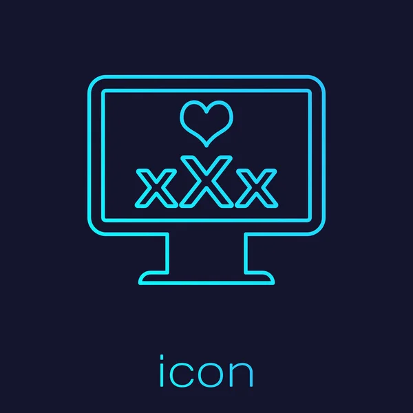 Turquoise lijn computer monitor met 18 plus inhoud hart pictogram geïsoleerd op blauwe achtergrond. Symbool voor leeftijdsbeperking. Xxx content teken. Volwassen kanaal. Vector illustratie — Stockvector