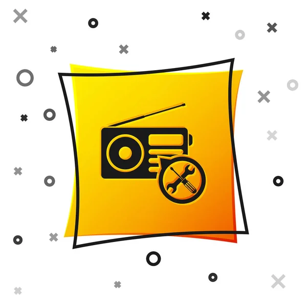 Black Radio with screwdriver and wrench icon isolated on white background. Adjusting, service, setting, maintenance, repair, fixing. Yellow square button. Vector Illustration — Stock Vector
