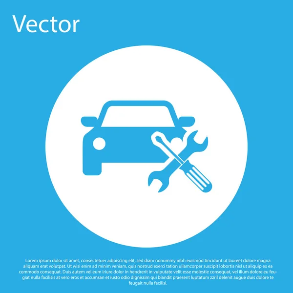 Coche azul con destornillador e icono de llave inglesa aislado sobre fondo azul. Ajuste, servicio, ajuste, mantenimiento, reparación, fijación. Botón círculo blanco. Ilustración vectorial — Vector de stock