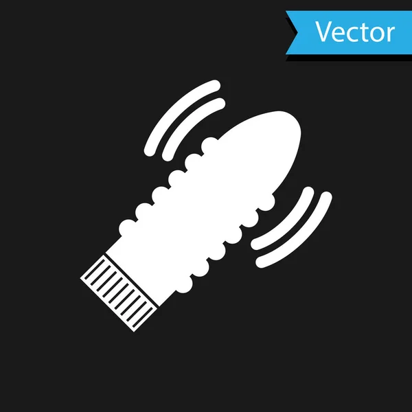 Consolador blanco vibrador para juegos sexuales icono aislado sobre fondo negro. Juguete sexual para adultos. Máquinas de ejercicio vaginal para la intimidad. Ilustración vectorial — Vector de stock