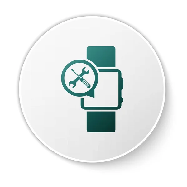 Зеленый Smartwatch с отверткой и значок гаечного ключа изолированы на белом фоне. Регулировка, обслуживание, настройка, обслуживание, ремонт, фиксация. Кнопка белого круга. Векторная миграция — стоковый вектор